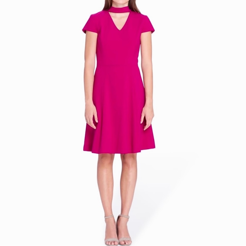 Tahari Magenta Pink Chocker Neck Short Sleeve Fit and Flare Knee Length Dress